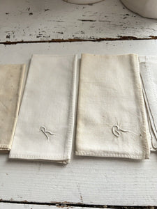 Set of 7 antique French LINEN COTTON blend HANDKERCHIEF R mono c1900