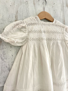 Vintage French ribbed COTTON child embroidered LACE dress DOLL c1930