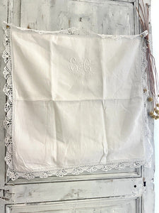 Antique French EMBROIDERED linen  FIL PILLOW SHAM lace TRIM CC mono c1900