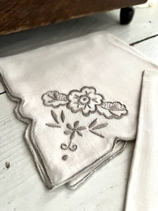 SET 6 vintage French LINEN TEA NAPKINS  gray FLORAL embroideries c1950