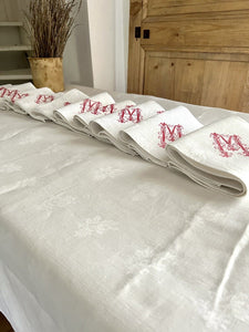 COMPLETE SET antique French DAMASK LINEN TABLECLOTH 12 NAPKINS MD mono c1850