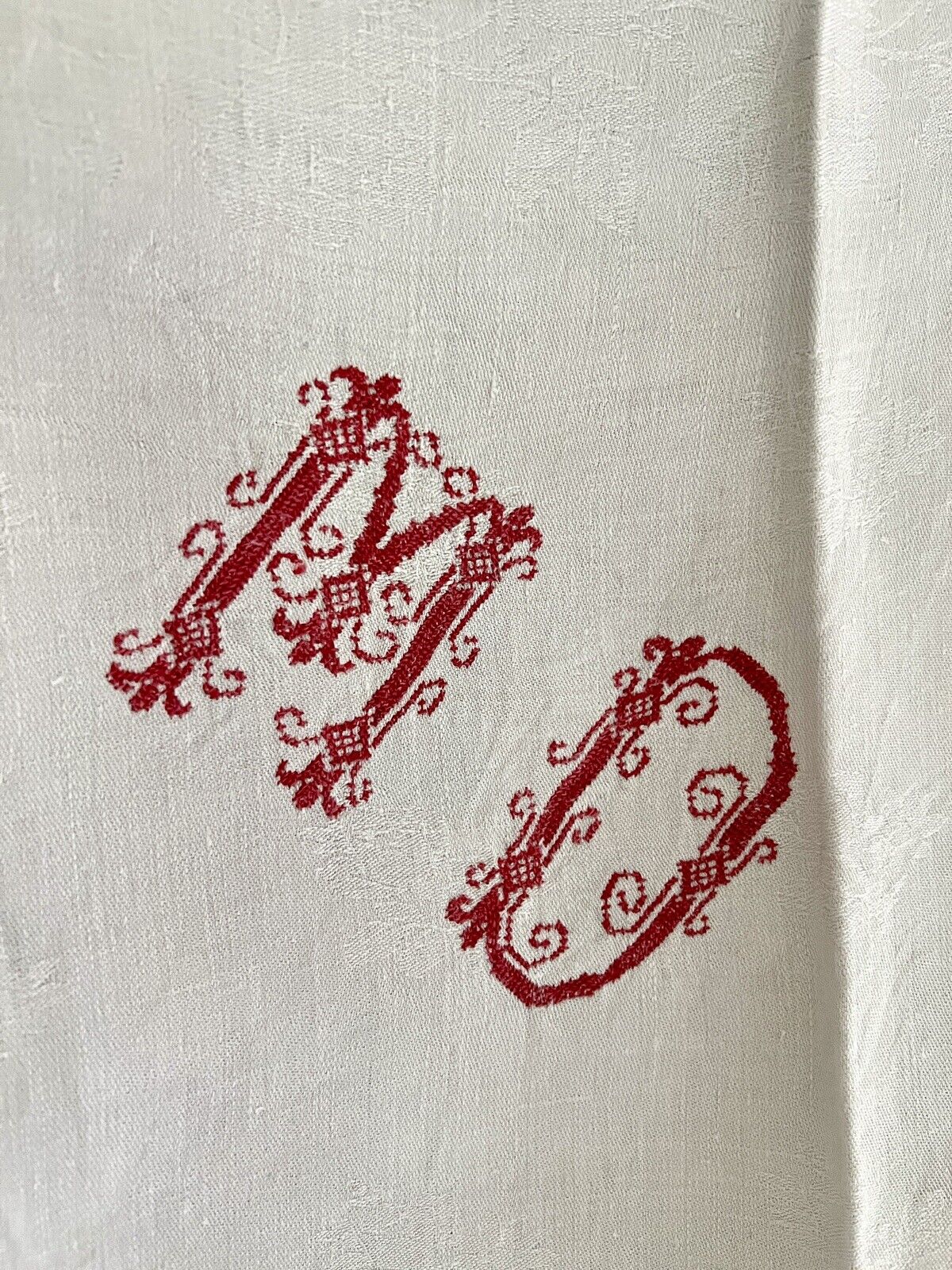 COMPLETE SET antique French DAMASK LINEN TABLECLOTH 12 NAPKINS MD mono c1850