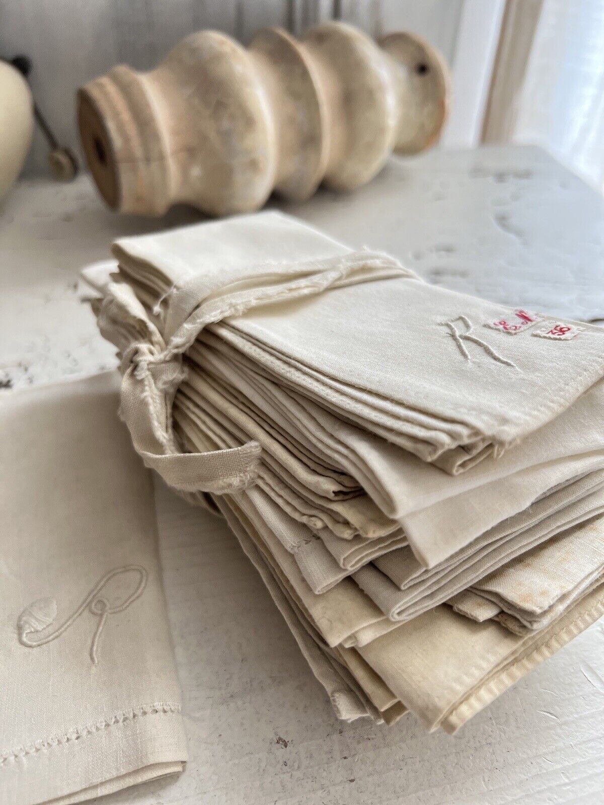 Set of 7 antique French linen cotton blend HANDKERCHIEF R mono c1900