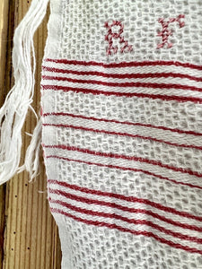 Antique French GUEST TOWEL cotton nid d’abeille FRINGES red LITEAU RF mono c1900