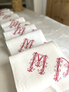 COMPLETE SET antique French DAMASK LINEN TABLECLOTH 12 NAPKINS MD mono c1850