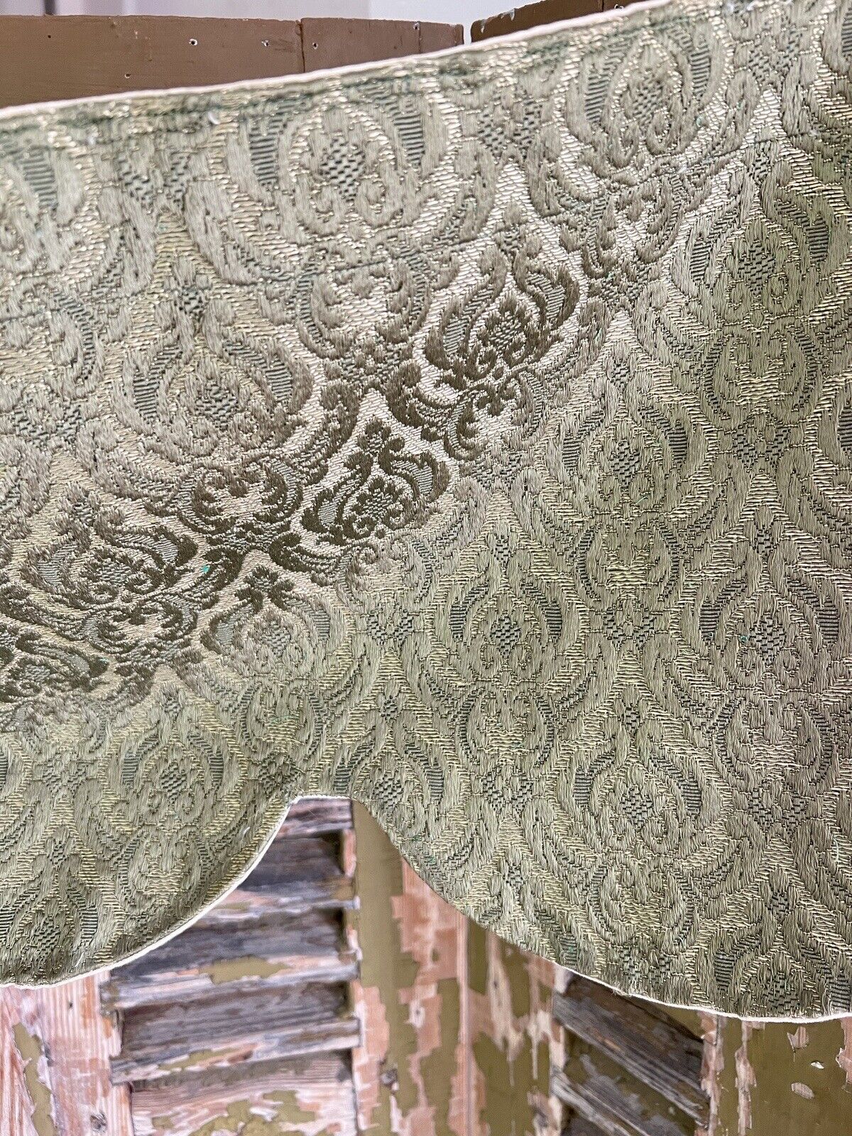 Antique French DAMASK GREEN SILK long BOTEH indiennes VALANCE c1920