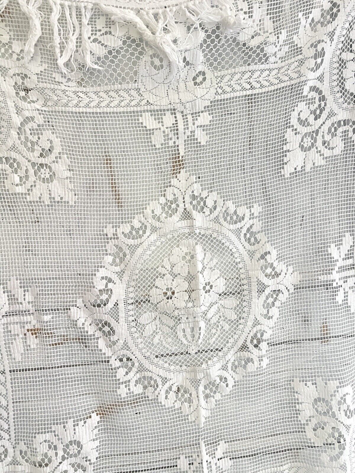 Antique French EMBROIDERED filet lace  tea TABLECLOTH FRINGES c1900