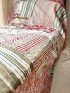 UPCYCLED French antique floral striped TEXTILE cotton PATCHWORK BEDSPREAD  c1900