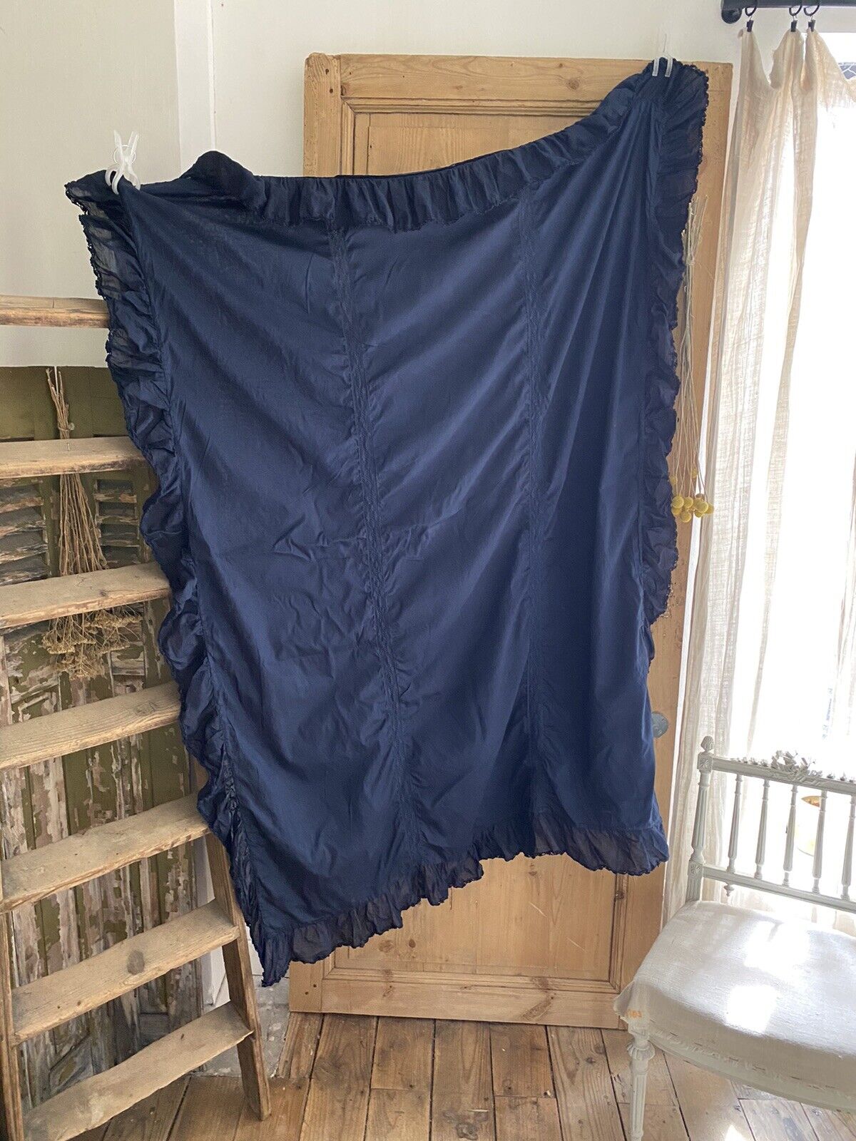 Antique French INDIGO dyed DUVET COVER LACE ENTRE DEUX cotton RUFFLES c1900