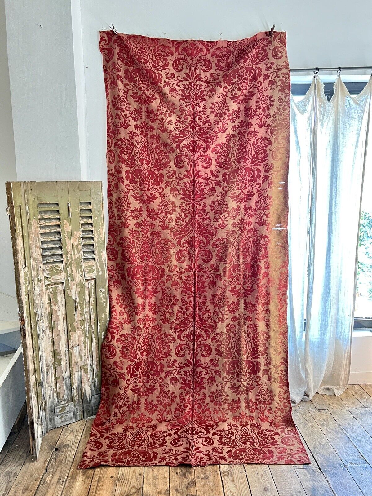 Antique French DAMASK RED GOLD SILK panel indiennes ARABESQUES DECOR c1880