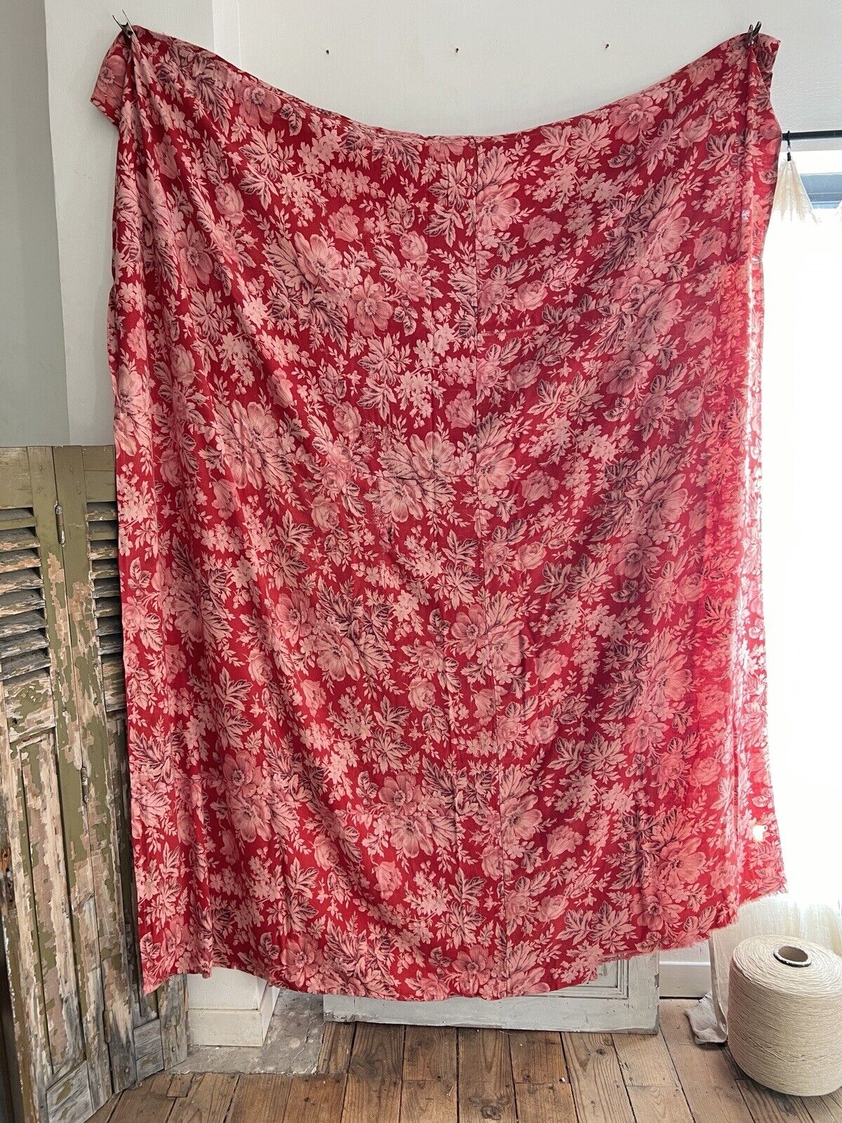 Antique French LARGE red pink FLORAL panel CURTAIN mended c1880