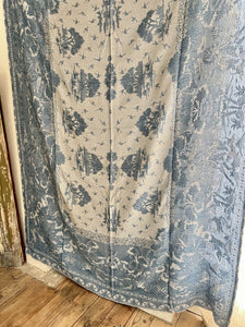 Vintage French BLUE DAMASK cotton BEDSPREAD CHINOISERIE c1930