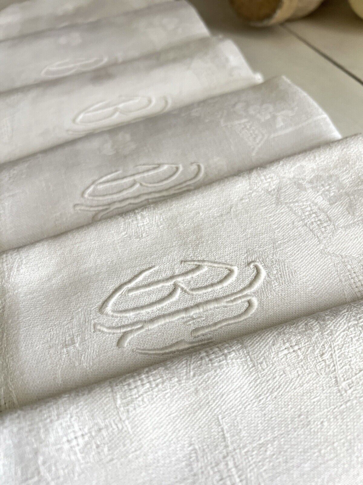 COMPLETE SET 12 Art Deco French DAMASK LINEN NAPKINS openworks BC mono c1930