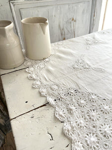 Vintage French EMBROIDERED filet lace LINEN tea TABLECLOTH c1930