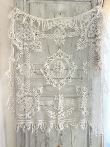 Antique French EMBROIDERED filet lace  tea TABLECLOTH FRINGES c1900