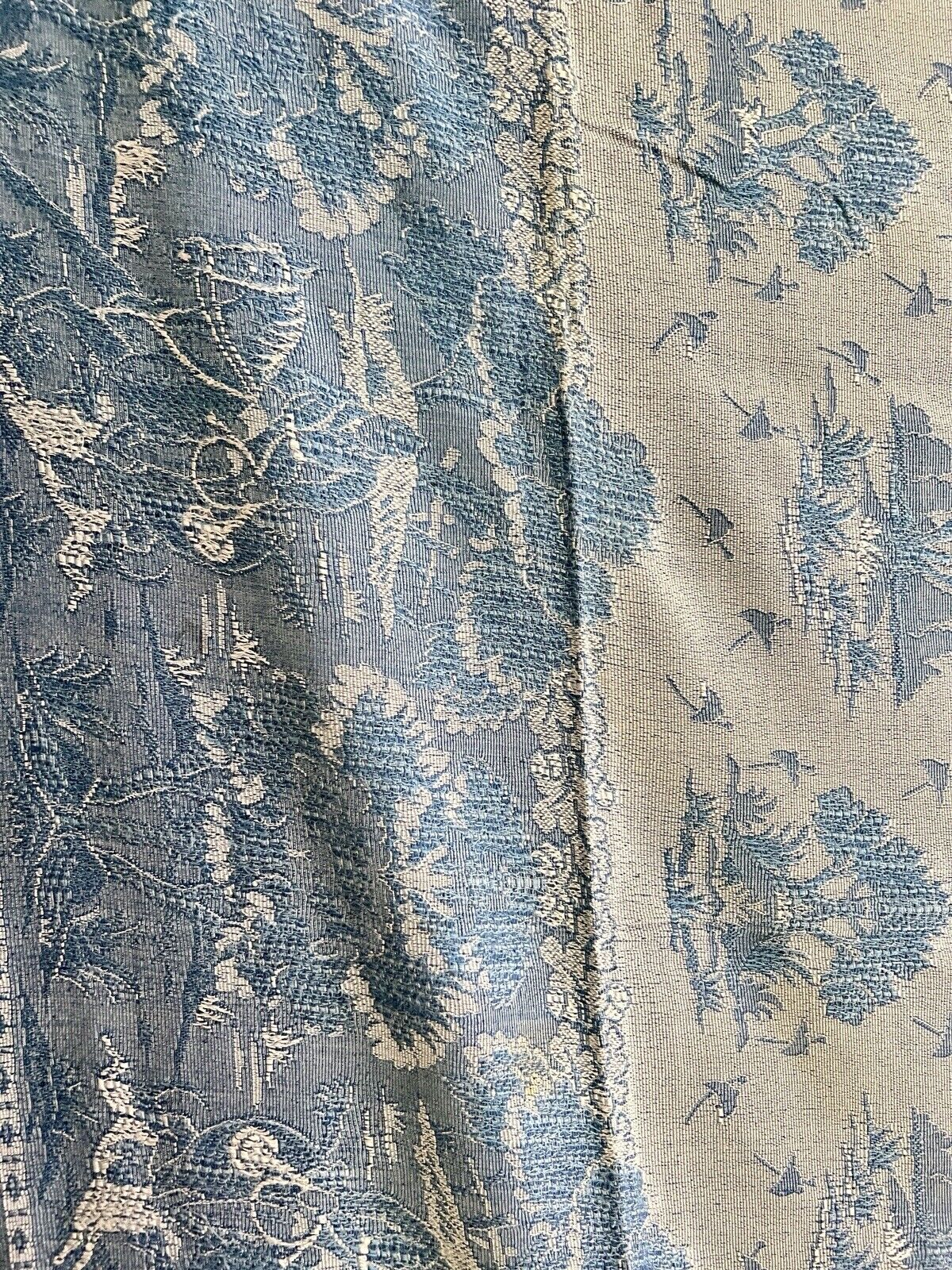 Vintage French BLUE DAMASK cotton BEDSPREAD CHINOISERIE c1930