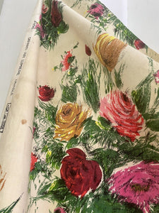 Vintage French FLORAL cotton PANEL large scale ROSES bouquets UPHOLSTERY c1950