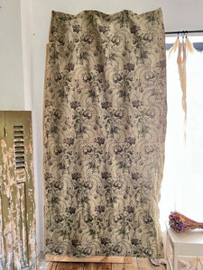 Antique French long woven DAMASK cotton FLORAL GREY green CURTAIN c1910