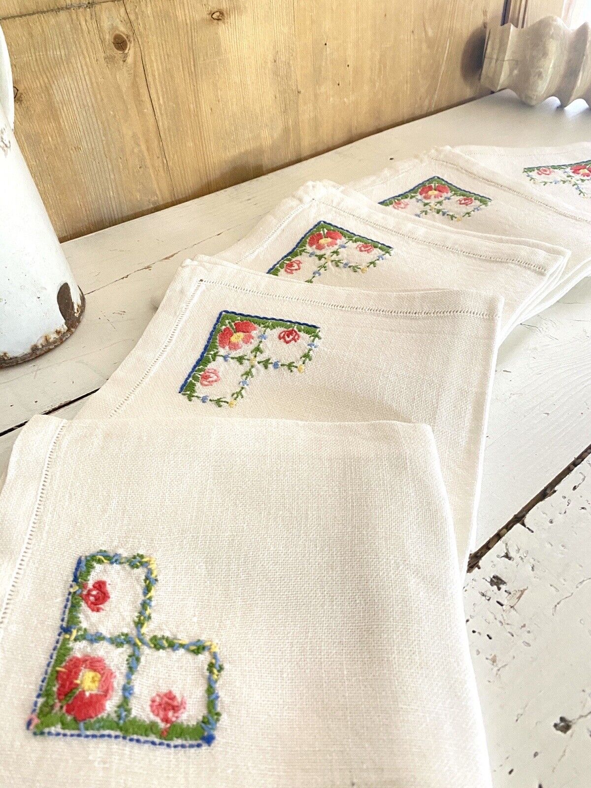 6 Vintage French HEAVY LINEN embroidered NAPKINS openworks c1950