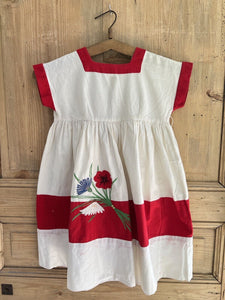 Vintage French COTTON child DRESS FLORAL embroidered TWO TONES c1950