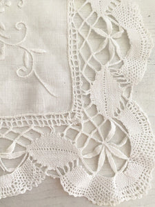 2 Vintage French LINEN napkins DOILY mats FILET LACE c1930