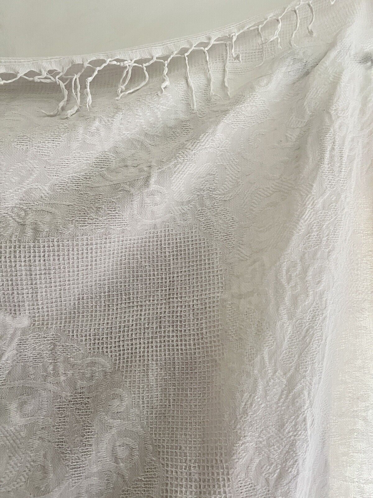 Antique LARGE French BRIDE PIQUE DE PROVENCE bed COVERLET FRINGES c1930