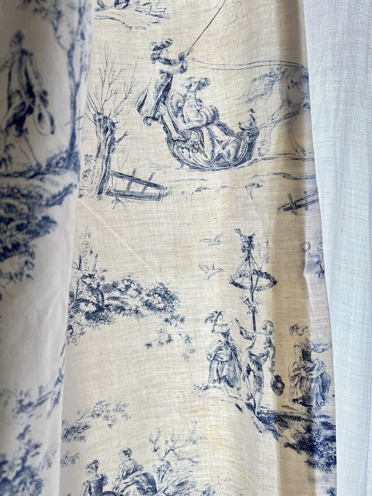 PAIR vintage French blue TOILE DE JOUY cotton PASTORAL CURTAINS BACKED c1950