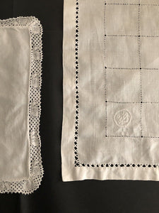 LOT 3 antique French LINEN tea napkins DOILY mats LACE OPENWORKS c1930