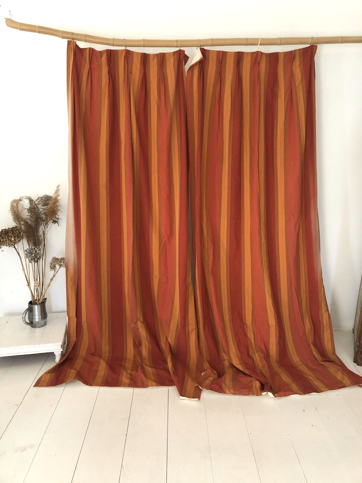 PAIR vintage LONG French BURGUNDY DRAPE cotton curtains STRIPES BACKED c1950