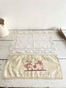 2 Vintage French LINEN napkins DOILY mats FILET LACE c1930