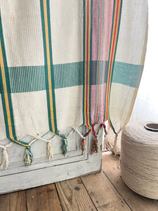 Vintage French Provencal long cotton STRIPED DOOR CURTAIN fringes c1950