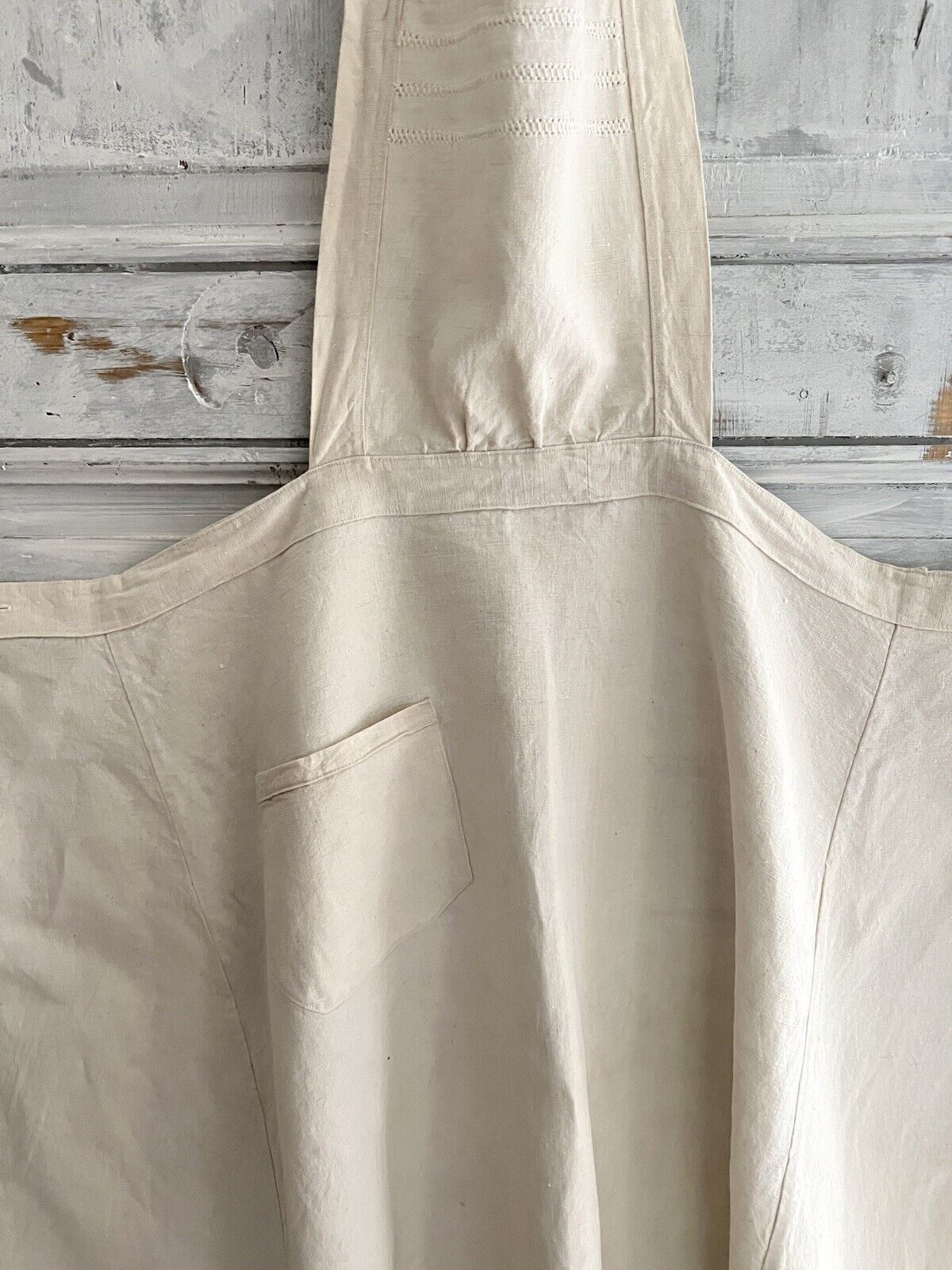 Antique French EMBROIDERED heavy linen cotton NATURAL WORK WEAR APRON c1920