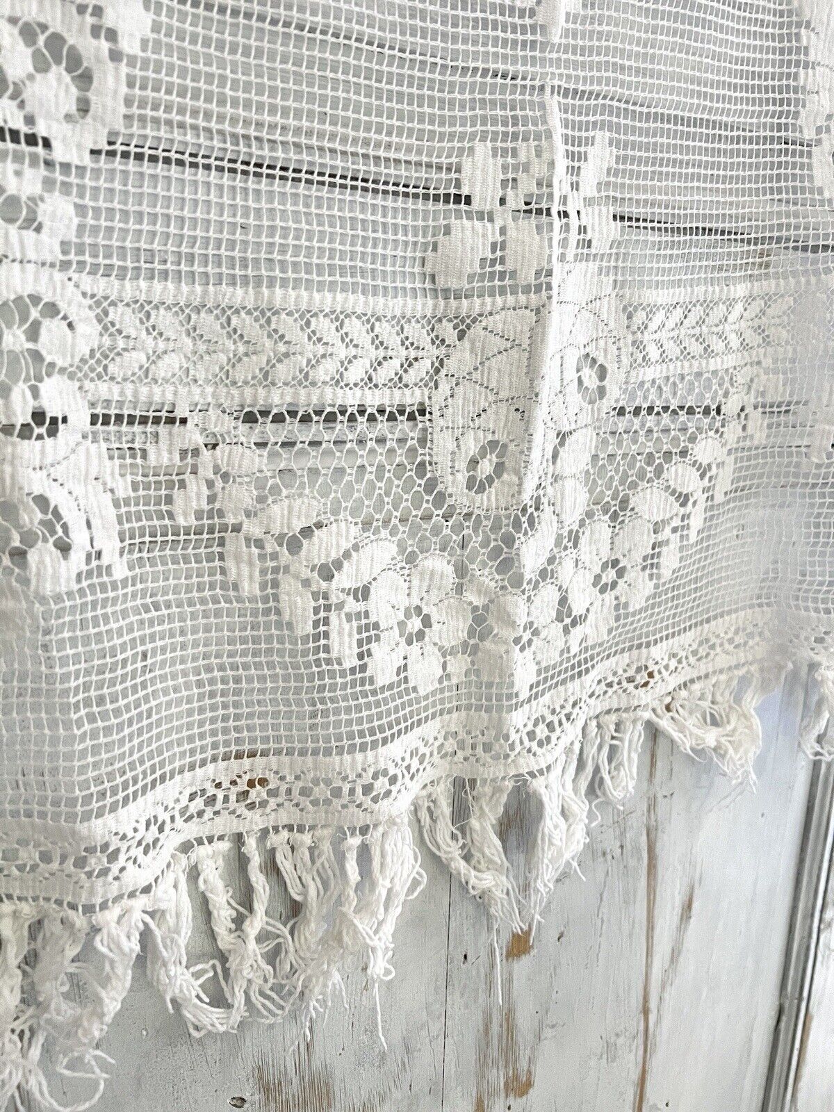 Antique French EMBROIDERED filet lace  tea TABLECLOTH FRINGES c1900