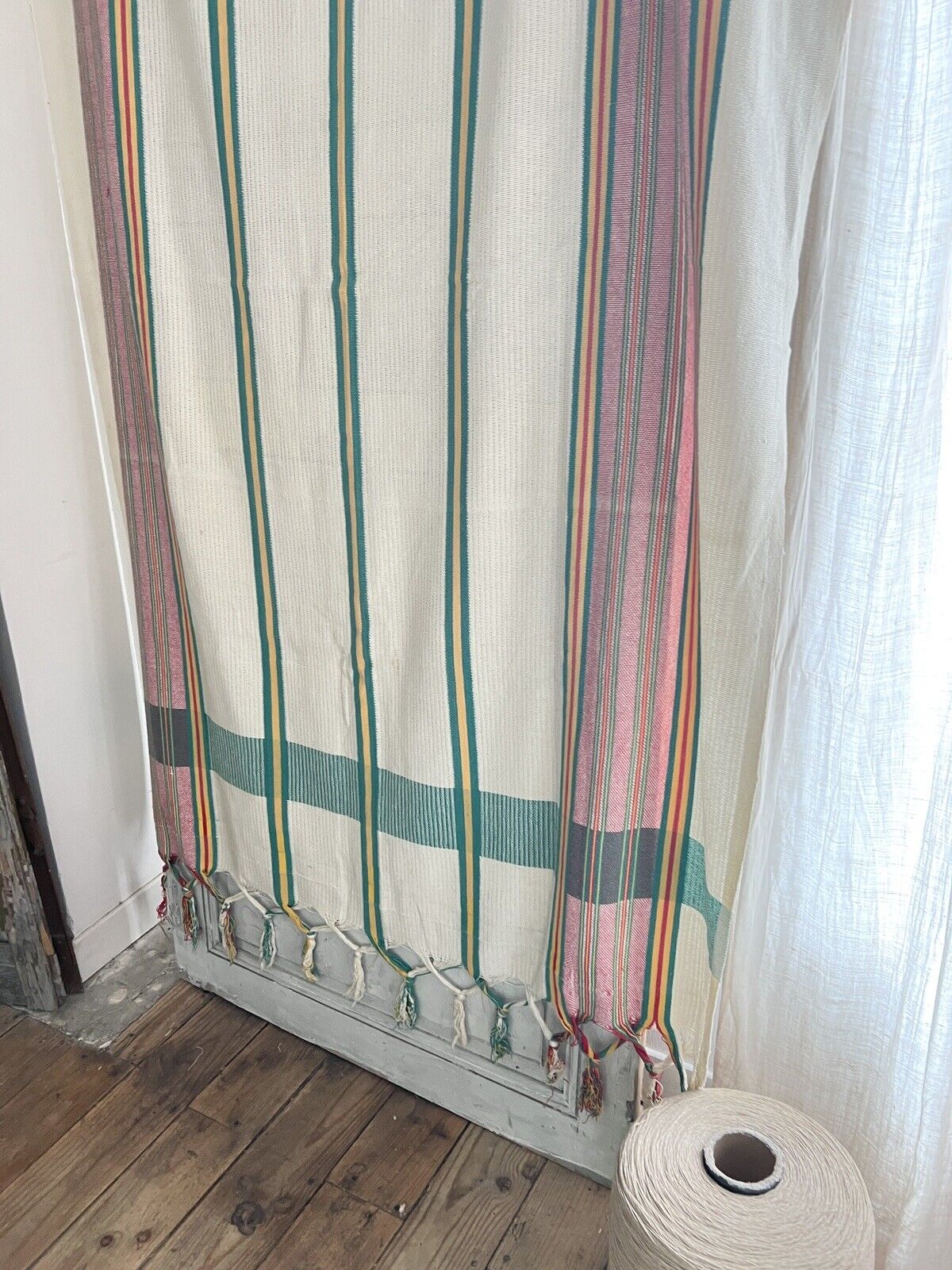 Vintage French Provencal long cotton STRIPED DOOR CURTAIN fringes c1950