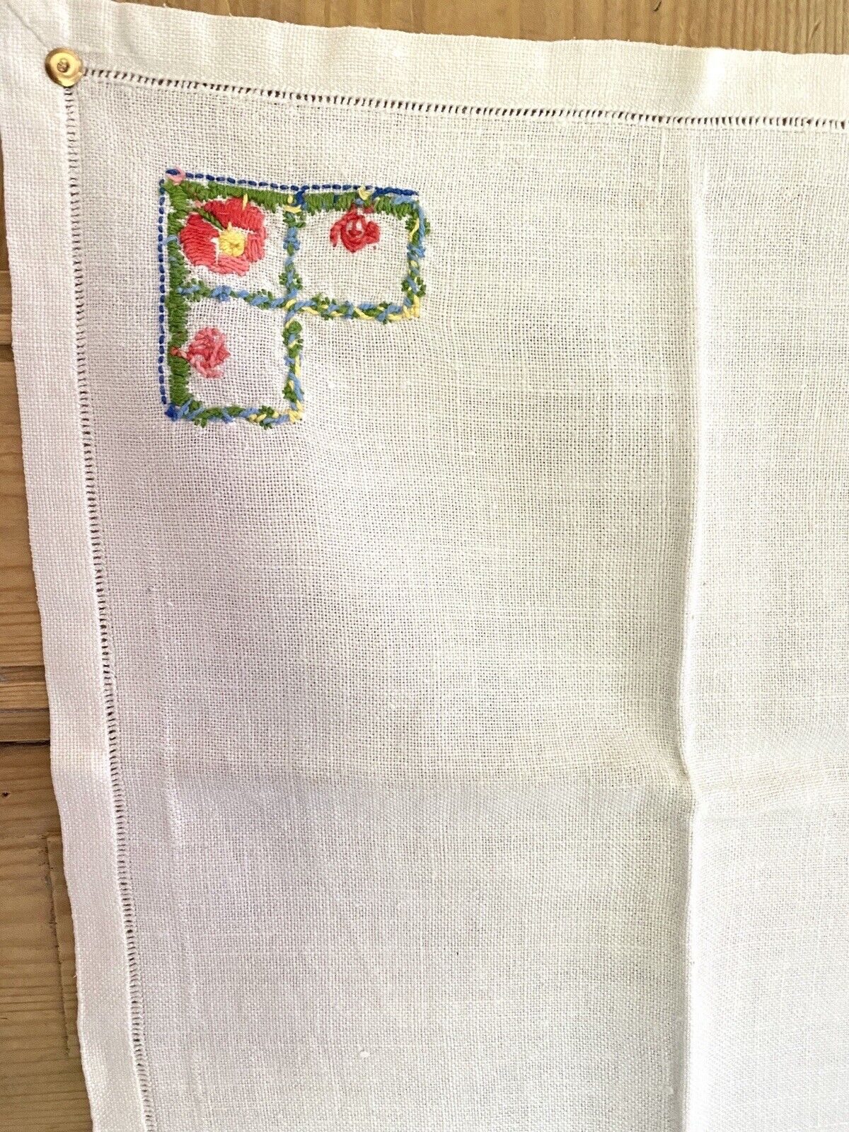 6 Vintage French HEAVY LINEN embroidered NAPKINS openworks c1950