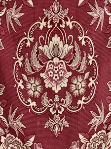 Vintage French FLORAL BURGUNDY BOTEH DAMASK wool BEDSPREAD fringes c1930