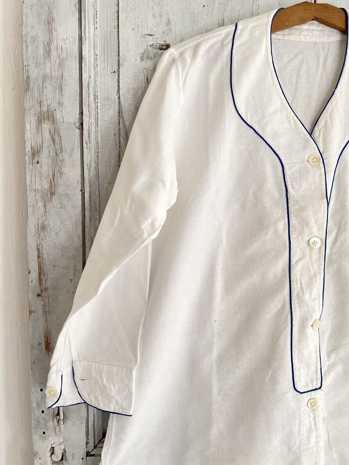 Antique French MAN brushed cotton NIGHTSHIRT blue liseret 1900