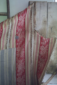 RARE Napoleon III French TICKING cotton PATCHED red cramoisi FLORAL c1850