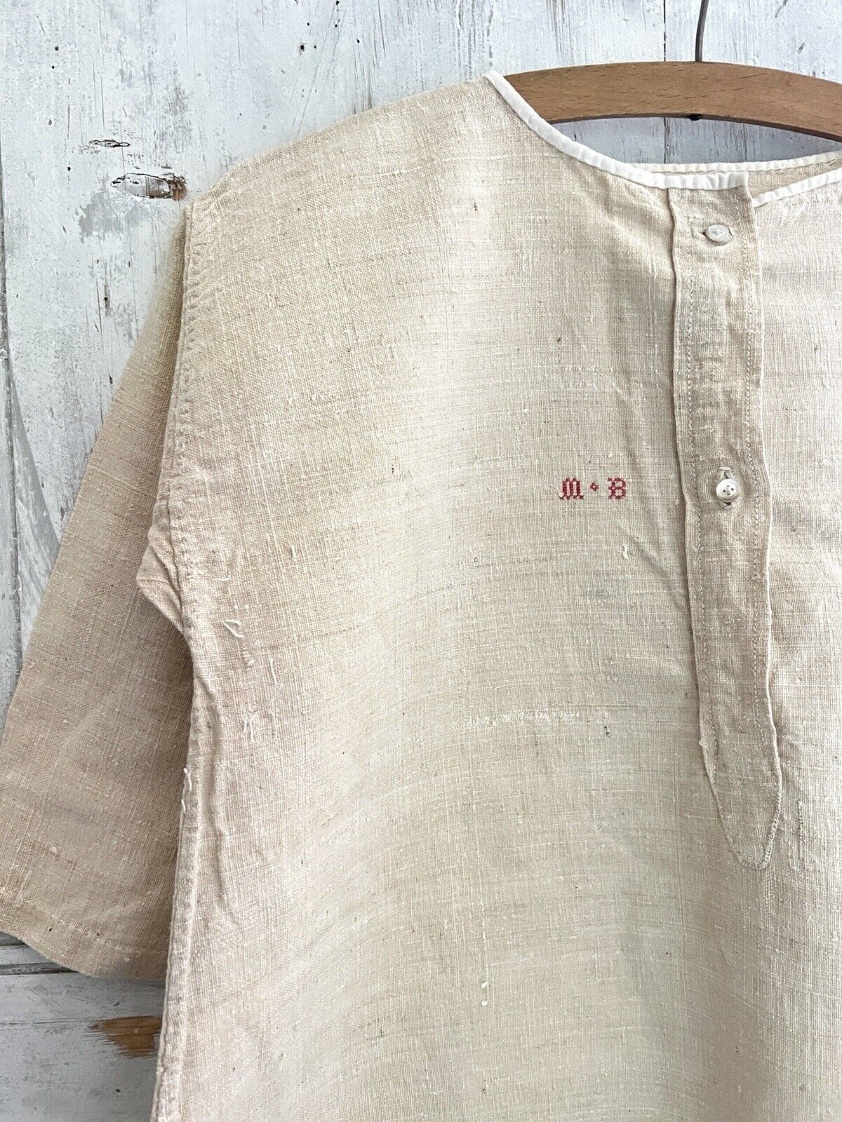 Rare PRIMITIVE unused French heavy oatmeal LINEN nightshirt MB mono c1820