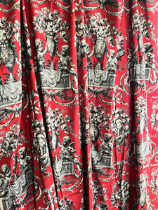 PAIR vintage French classic RED CHERUBS satin cotton CURTAINS BACKED c1950