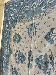 Vintage French BLUE DAMASK cotton BEDSPREAD CHINOISERIE c1930