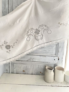 Antique French MANTELPIECE curtain embroidered LINEN FIL lace entredeux c1900