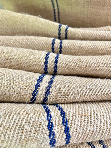 BOLT 4,7 y vintage European GRAIN SACK homespun linen fabric BLUE stripes c1950