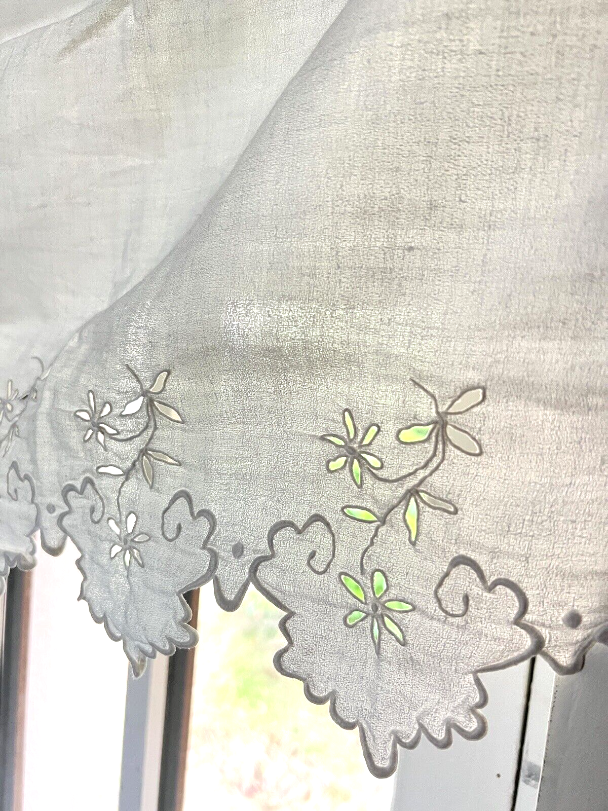 Antique French linen embroidered VALANCE MANTELPIECE FESTONS eyelet c1900