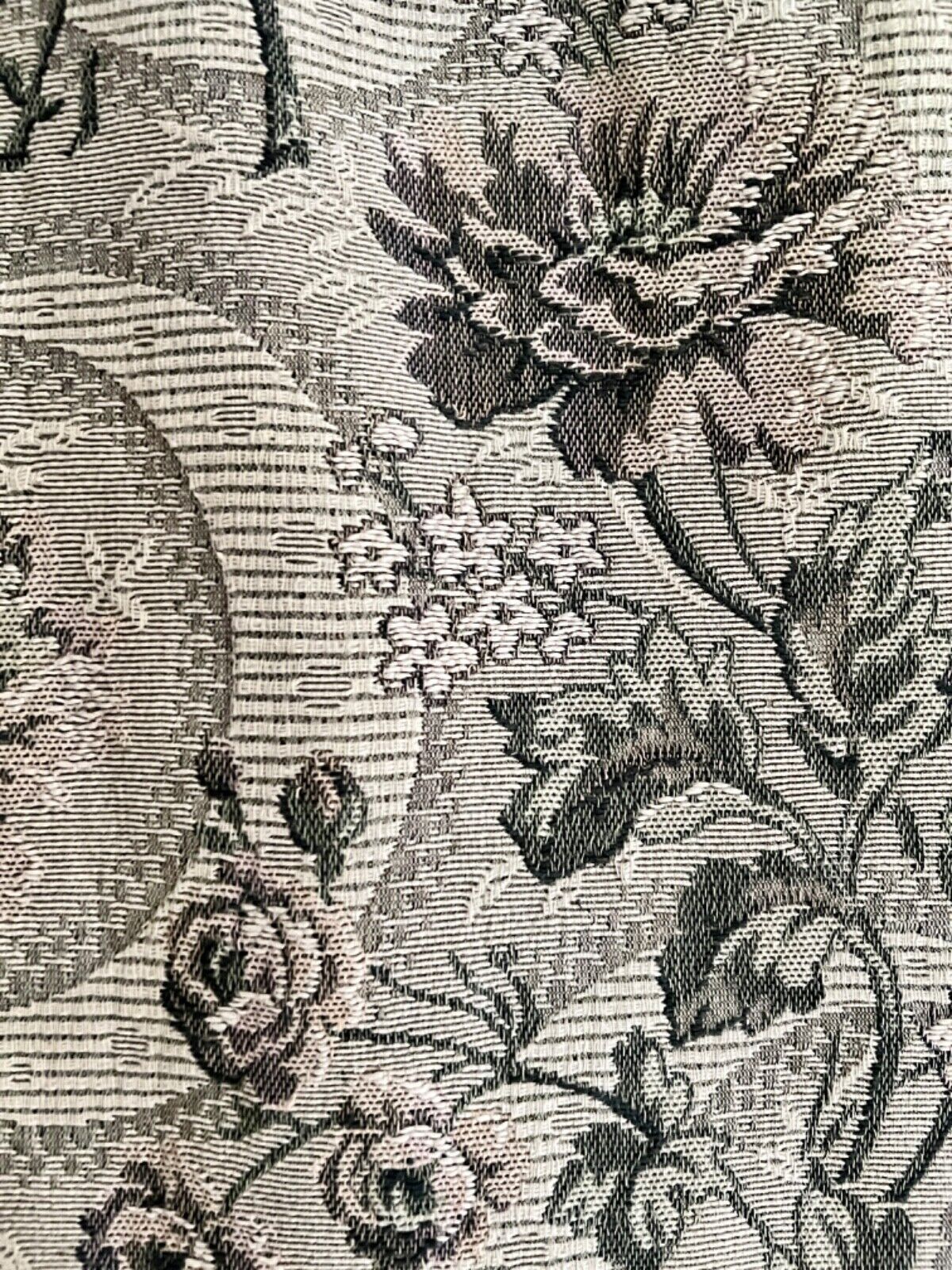 Antique French long woven DAMASK cotton FLORAL GREY green CURTAIN c1910