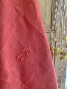 2 antique French RED FRUIT DYED linen TEA TOWELS 1900