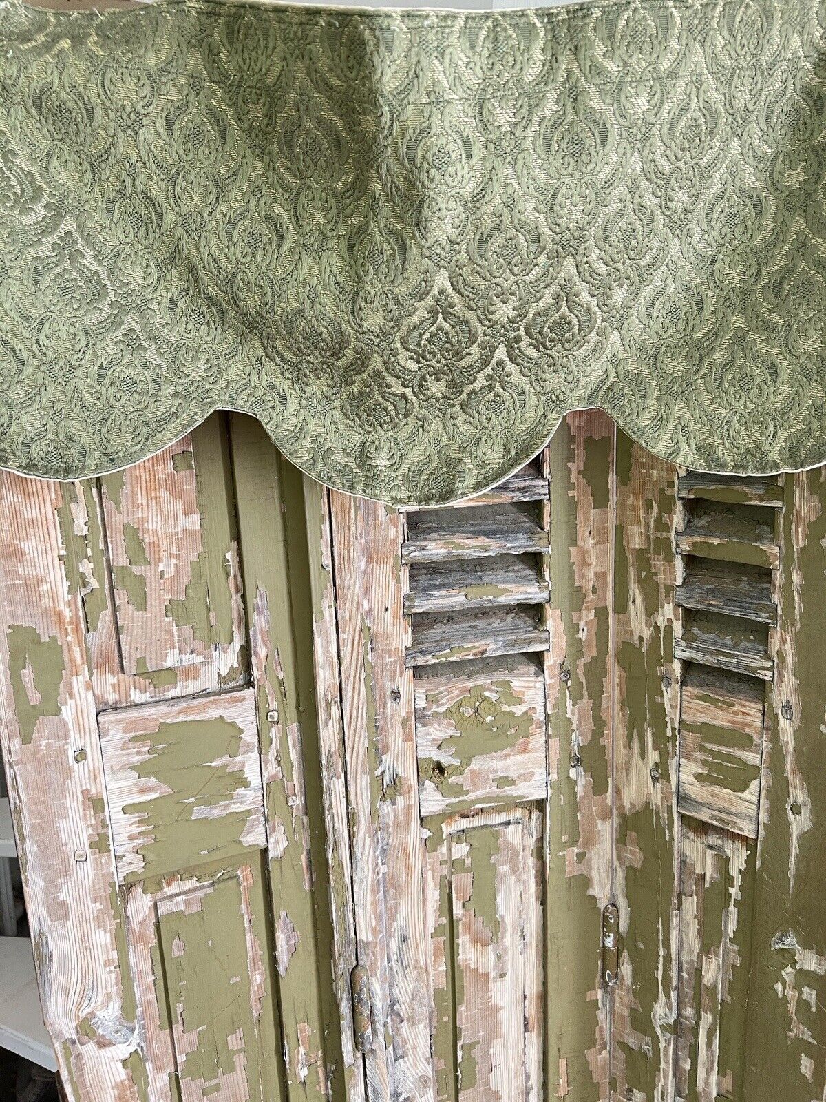 Antique French DAMASK GREEN SILK long BOTEH indiennes VALANCE c1920