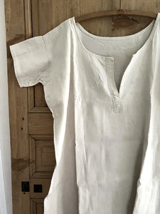 Antique French linen cotton  NIGHTSHIRT festons AC mono c1900