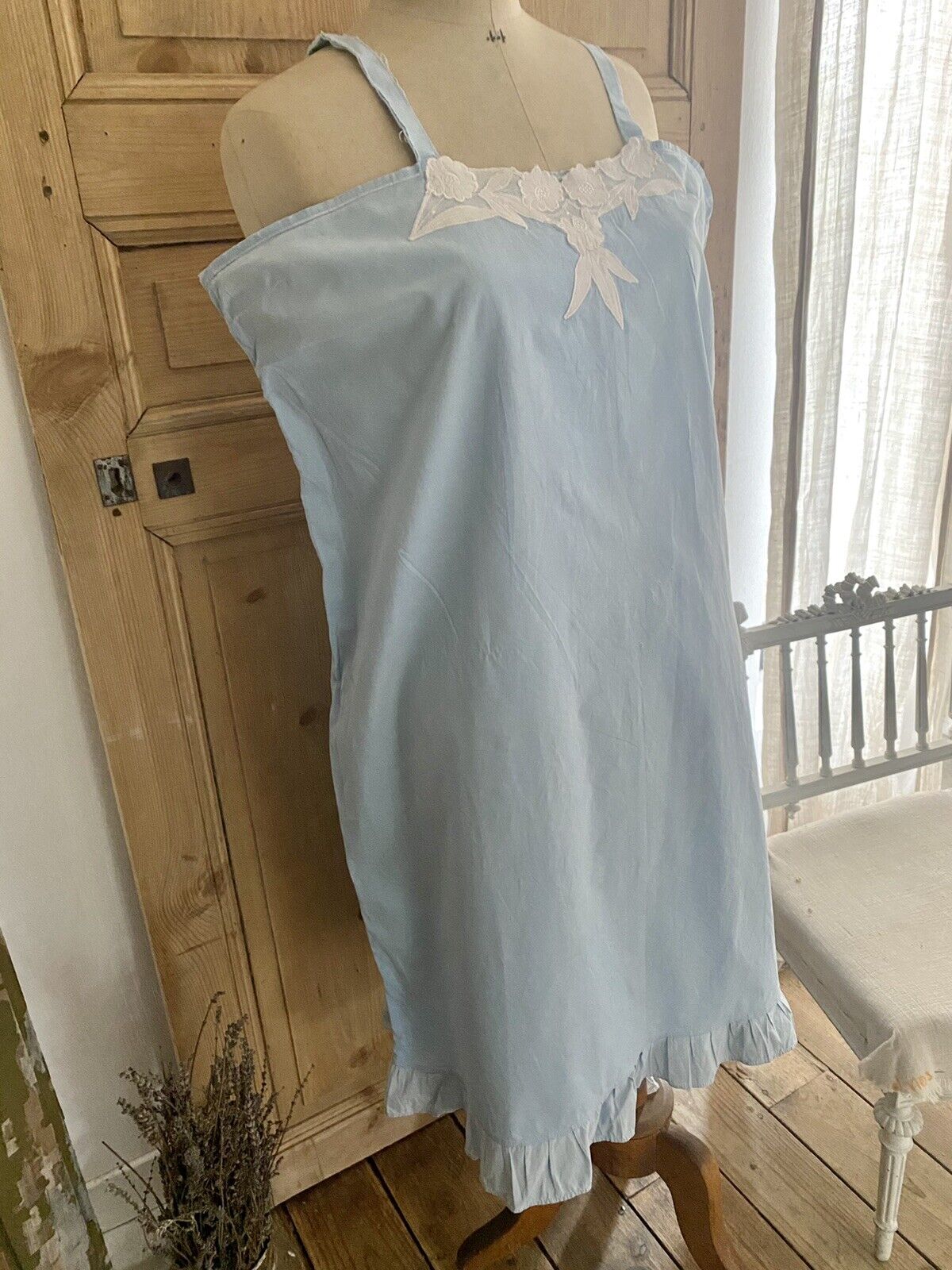 Antique French EMBROIDERED pale blue COTTON NIGHTSHIRT c1920