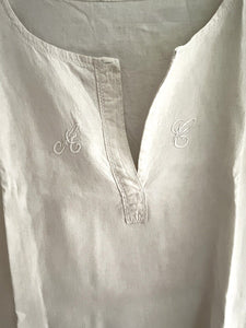 Antique French linen cotton  NIGHTSHIRT festons AC mono c1900